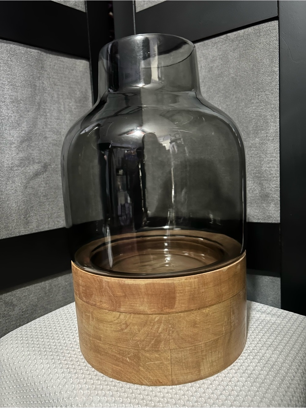 Smoky Glass Hurricane Lamp with Wooden Base